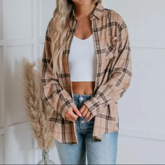 La Miel Tan Camel Plaid Button Down Flannel Small - Picture 4 of 10
